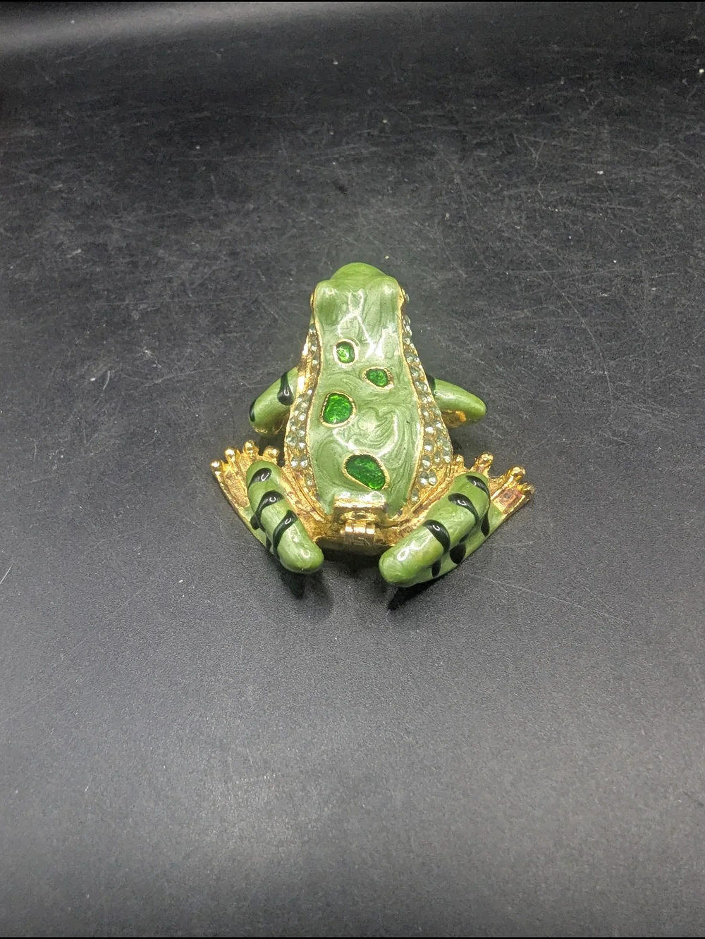 Vintage Green Gold Enameled Frog Trinket Box w/Crystal Accents & Magnetic Hinge